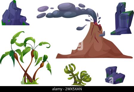 Éruption volcanique avec montagne volcanique active avec nuage de fumée de gaz , rochers, palmiers et plantes pour la création de paysage préhistorique. Dessin animé v Illustration de Vecteur