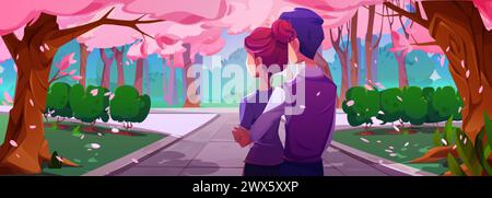 Jeune couple dans un parc japonais avec des arbres sakura à fleurs roses au printemps. Illustration vectorielle de dessin animé de la vue de dos sur l'homme embrassant la femme tandis que STA Illustration de Vecteur