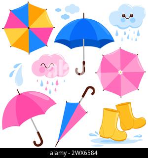 Ensemble jour de pluie avec parapluies et bottes d'eau. Personnages de nuage mignons ensemble automne avec des objets de temps pluvieux. Collection d'illustrations Banque D'Images