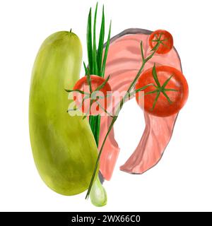 Composition alimentaire saine à l'aquarelle dessinée à la main. Saumon, oignons verts, tomates cerises, courgettes. Produits agricoles frais pour la conception d'emballages, menus, reci Banque D'Images