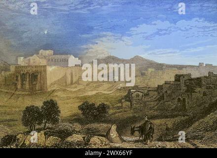 Bethléem. Vue générale. Gravure par Aubert. Coloration ultérieure. 'La Tierra Santa y los lugares recorridos por los profetas, por los apóstoles y por los cruzados' (Terre Sainte et lieux traversés par les prophètes, les apôtres et les croisés). Publié à Barcelone par l'imprimerie Joaquin Verdaguer, 1840. Banque D'Images