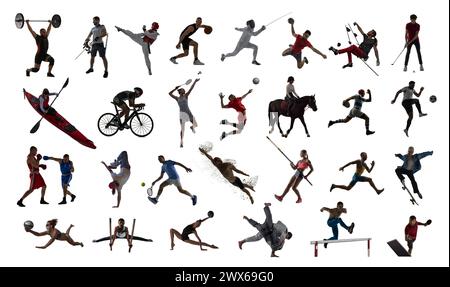 Collage fait d'hommes et de femmes, athlètes en entraînement de mouvement, sportifs de divers types de sports en mouvement isolés sur fond blanc Banque D'Images