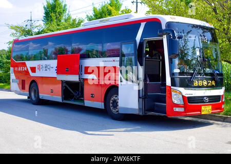 Comté de Goseong, Corée du Sud - 31 juillet 2019 : au terminal de bus interurbain de Daejin, un bus rouge et blanc est prêt pour son voyage à Séoul, avec son Banque D'Images