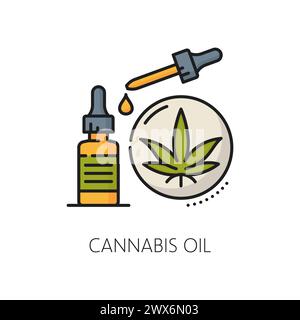 Icône de ligne de couleur de cannabis médical, cbd et marijuana, extrait de mauvaises herbes. Le symbole linéaire vectoriel isolé présente une bouteille et une pipette avec goutte d'huile. Production naturelle de thc de chanvre biologique, médicament ou médicament Illustration de Vecteur