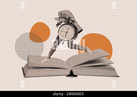 Image de collage d'illustration de bras d'effet blanc noir tenir l'horloge anneau de cloche mini jambes énorme livre ouvert isolé sur fond de page de copybook à carreaux Banque D'Images