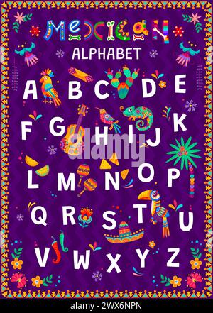 Alphabet mexicain pour enfants avec cuisine nationale, animaux et fleurs. Ensemble vectoriel de lettres majuscules abc, orné de cactus traditionnels, palmiers, caméléons, nourriture tex mex, maracas, guitare et oiseaux Illustration de Vecteur