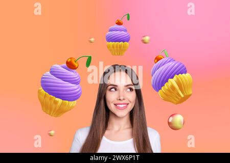 Image de collage créatif jeune excité jolie fille veulent cerise fruit dessert sucré pâtisserie sucrée tentant calories de dessin de nourriture fond Banque D'Images