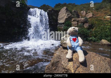 Peluche jouet ours en peluche voyageur assis sur un rocher à la cascade de la rivière en vacances dans la gorge de Kaskasu en été Banque D'Images