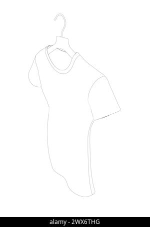 Contour de la robe d'une femme accrochée à un cintre fait de lignes noires isolées sur un fond blanc. Illustration vectorielle. Vue isométrique. Illustration de Vecteur