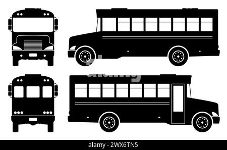 Autobus scolaire sur un fond blanc. Les icônes du véhicule définissent la vue latérale, avant, arrière, supérieure Illustration de Vecteur