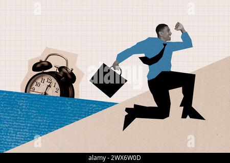 Image d'esquisse composite d'illustration de tendance collage de photos 3D du jeune homme de gestionnaire de bureau heureux se réveiller le matin utilisez le réveil dépêchez-vous pour le travail Banque D'Images