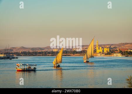 Feluccas (bateaux à voile égyptiens traditionnels) sur le Nil au coucher du soleil à Assouan, Egypte Banque D'Images
