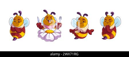 Personnages d'abeilles mignons ensemble isolé sur fond blanc. Illustration de dessin animé vectoriel de la collection drôle de mascottes d'insectes, abeille ou bourdon souriant, insecte heureux avec des ailes mangeant le déjeuner sur la fleur Illustration de Vecteur