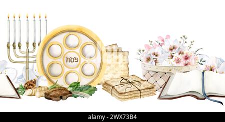 Bordure horizontale sans couture de Pâque avec symbole de vacances et fleurs de printemps. Bannière sans fin à l'aquarelle juive avec matzah Banque D'Images