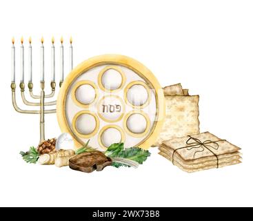 Modèle de carte de voeux Pâque avec assiette seder, nourriture traditionnelle, illustration aquarelle matzah de menorah pour Pessah Banque D'Images