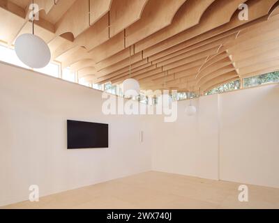 Intérieur de moyeu avec plafond ondulé. Pitzhanger Hub, Londres, Royaume-Uni. Architecte : JO Townshend, 2023. Banque D'Images