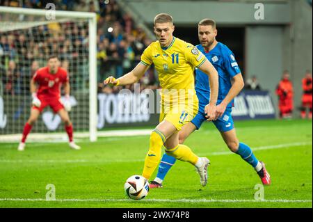 WROCLAW, POLOGNE - 26 MARS 2024 : qualifications pour l'UEFA Euro 2024. Match final Ukraine - Islande 2:1. En action Artem Dovbyk. Banque D'Images