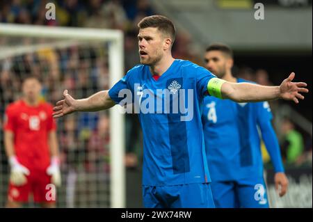 WROCLAW, POLOGNE - 26 MARS 2024 : qualifications pour l'UEFA Euro 2024. Match final Ukraine - Islande 2:1. En photo Johann Gudumundsson Banque D'Images