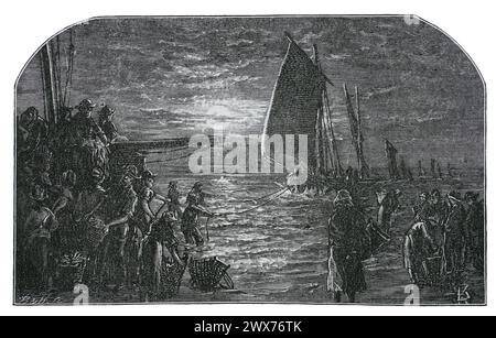 Pêche pilchard en Cornouailles. The Boats Coming Home ; illustration en noir et blanc de « notre propre pays » publiée par Cassell, Petter, Galpin & Co. Fin du XIXe siècle. Banque D'Images