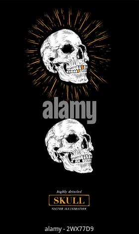 Crânes vectoriels sur fond noir dans les tatouages rétro old School, grunge, punk et style gothique. Illustrations vectorielles dessinées à la main dans le style de gravure f Illustration de Vecteur