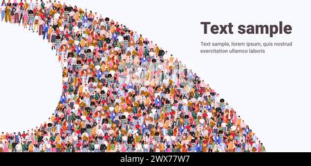 Un grand groupe de gens d'affaires élégants vêtements décontractés sont debout dans la ligne. Foule. Foule de touristes, réfugiés, hommes, femmes faisant la queue. Banque D'Images