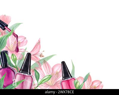 Bouteille de vernis à ongles parmi les fleurs tropicales. Cadre horizontal avec espace de copie. Composition en rose, couleurs rouges pour la beauté, la manucure. Banque D'Images