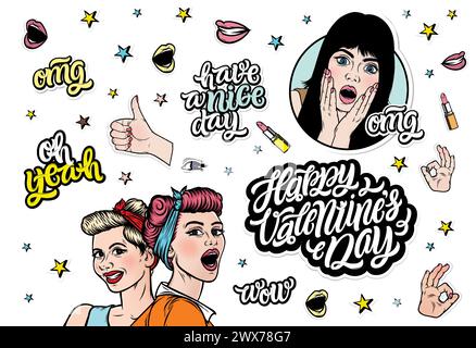 Happy Valentines Day signe de typographie dessiné à la main avec des autocollants drôles. Typographie personnalisée Valentines pour carte de voeux, affiches, bannières. Vecteur coloré Illustration de Vecteur