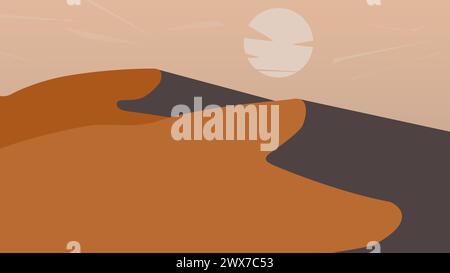 Un paysage plat avec du sable du désert, des montagnes avec la lune. Illustration de paysage désertique Banque D'Images