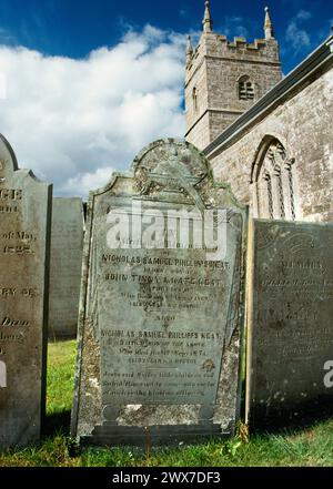 Église St Endelient. Cornwall. C19ème pierre tombale en ardoise à 2 fils, tous deux appelés Nicholas Samuel Phillip Keats Banque D'Images