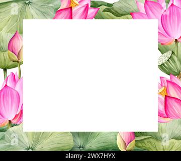 Cadre horizontal aquarelle avec fleur de lotus rose, bourgeons et feuilles, illustration dessinée à la main du thème spa et yoga, croquis de nénuphar violet, asiatique Banque D'Images