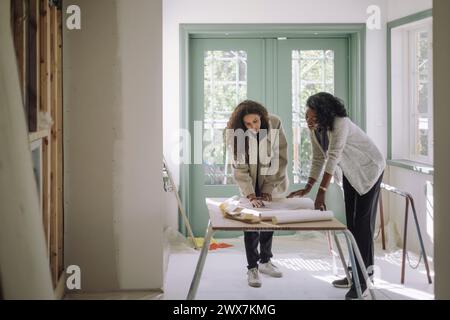 Professionnel de la conception féminin discutant sur le plan avec le client à l'appartement sous construction Banque D'Images