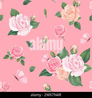 Motif floral aquarelle sans couture - éléments de fleurs de blush rose, branches de feuilles vertes sur fond rose. pour emballages, papiers peints, cartes postales Banque D'Images