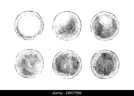 Sphères ombrées dessinées à la main. Simple stylo noir et croquis à l'encre de cercles avec différents types de texture d'ombrage. Tutoriel rendu réaliste, esquisse manuelle Illustration de Vecteur