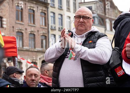 Lille, France. 28 mars 2024. Jean-Paul Delescaut lors du rassemblement organisé par la CGT en soutien à Jean-Paul Delescaut, secrétaire de l’union départementale du Nord, poursuivi pour « apologie du terrorisme » le 28 mars 2024, devant le tribunal de Lille, France. Photo de Sébastien Courdji/ABACAPRESS.COM crédit : Abaca Press/Alamy Live News Banque D'Images