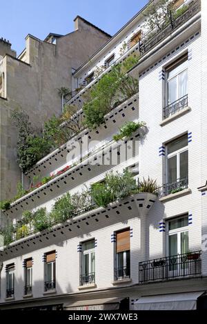 France, région Ile-de-France, 6ème arrondissement, Montparnasse, 26 rue Vavin, bâtiment surnommé la « Maison à gradins sportive ». La disposition étagée facilite le passage du soleil et de l'air. Bâtiment, céramique, balcons et terrasses, architecte Henri sauvage 1912. 21 mars 2024 Banque D'Images