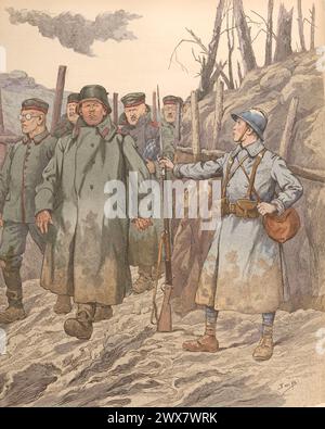 Le "bluet" : le jeune Poilu regardant de haut les prisonniers allemands. Première Guerre mondiale, 1914-1918. Illustration de Job parue dans le livre 'allons, enfants de la Patrie !...' Par Jean Richepin. Publié par A. Mame et fils en 1920. Banque D'Images