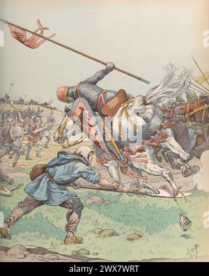 La « faucheuse » de la bataille de Bouvines, en juillet 1214. Illustration de Job parue dans le livre 'allons, enfants de la Patrie !...' Par Jean Richepin. Publié par A. Mame et fils en 1920. Banque D'Images