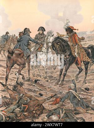 Les maréchaux de l'Empire Joachim Murat et Louis-Alexandre Berthier tentent de garder Napoléon Ier hors de danger lors de la bataille d'Ulm (campagne allemande), octobre 1805. Illustration de Job tirée du livre Napoléon écrit par Georges Montorgueil, publié en 1921 par Boivin (Paris). Banque D'Images