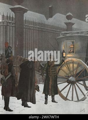 Peu avant minuit, le 18 décembre 1812, Napoléon Ier arrive aux Tuileries à Paris pour confirmer l'échec de la campagne de Russie. Illustration de Job tirée du livre Napoléon écrit par Georges Montorgueil, publié en 1921 par Boivin (Paris). Banque D'Images