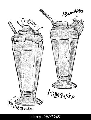 Milkshakes à la fraise et à la cerise, crème isolée sur fond blanc. Dessert au lait de boisson dessinée à la main. Style d'esquisse. Illustration de Vecteur