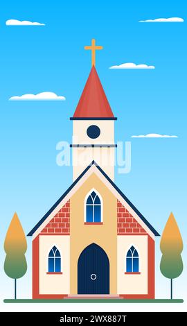 Église catholique avec une croix contre un ciel bleu Illustration de Vecteur