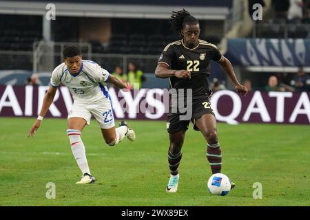 Arlington, États-Unis. 24 mars 2024. 24 mars 2024, Frisco, Texas : Gregory Leigh #22 de Jamaïque contrôle le ballon lors de la 3ème place CONCACAF Nations League match entre la Jamaïque et le Panama au Toyota Stadium. La Jamaïque a gagné 1-0. Le 24 mars 2024, Frisco, Texas. (Photo de Javier Vicencio/Eyepix Group/SIPA USA) crédit : SIPA USA/Alamy Live News Banque D'Images