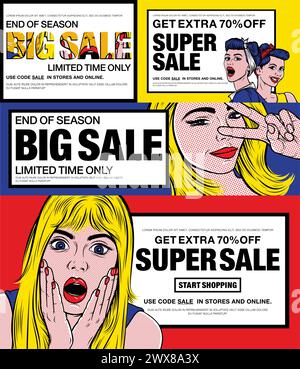 « Obtenez 70 % de réduction supplémentaire. Super soldes. Utilisez la vente de code dans les magasins et en ligne 'bannière avec surprise Blonde Girl (style rétro comique art) dans le style pop art. Illustration de Vecteur