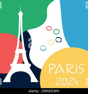 Paris 2024 Jeux Olympiques de sport design. Fond coloré avec des formes abstraites, des anneaux et la silhouette de la tour Eiffel. Illustration vectorielle Illustration de Vecteur