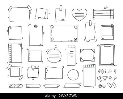 Ensemble de notes en papier griffonné. Feuilles de papier, autocollants, blocs-notes et épingles. Pour liste des tâches et mémo. Illustration vectorielle Illustration de Vecteur