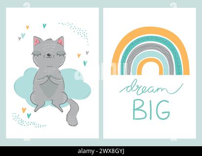 Cartes bébé mignonnes avec un chat et un arc-en-ciel. Rêve grande main dessinée citation. Pour douche de bébé, invitations, cartes de voeux. Illustrations vectorielles. Illustration de Vecteur