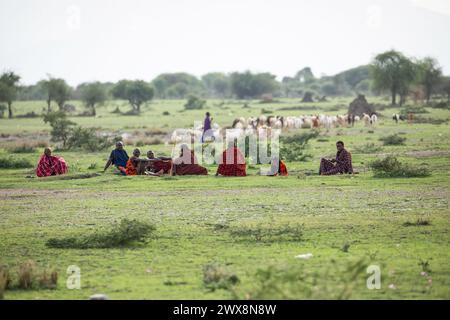 Arusha, Tanzanie, Afrique. 03 février 2022.la vie dans un village africain. Concept de voyage africain. Les hommes Massaï en robe traditionnelle s'assoient dehors. un grand troupeau Banque D'Images