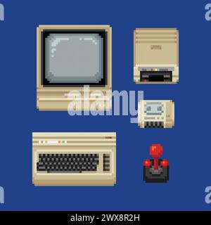 Jeu d'icônes de style graphique de pixel d'ordinateur rétro. Stickers design old School. Jeu vidéo 64 bits sprite. Ordinateur rétro, disquette, cassette, joystick Illustration de Vecteur