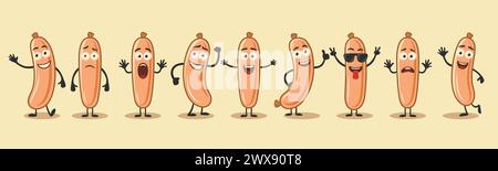 Personnages mignons et drôles de saucisse de dessin animé dans différentes poses et émotions. Jeu de caractères de saucisse Flat Cartoon. Illustration vectorielle Illustration de Vecteur