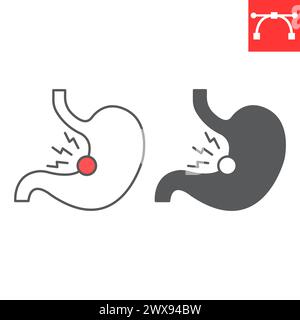 Ligne de douleur d'estomac et icône de glyphe, corps et maladie humaine, icône de vecteur de douleur gastrique, graphiques vectoriels, signe de contour de trait modifiable, eps 10. Illustration de Vecteur